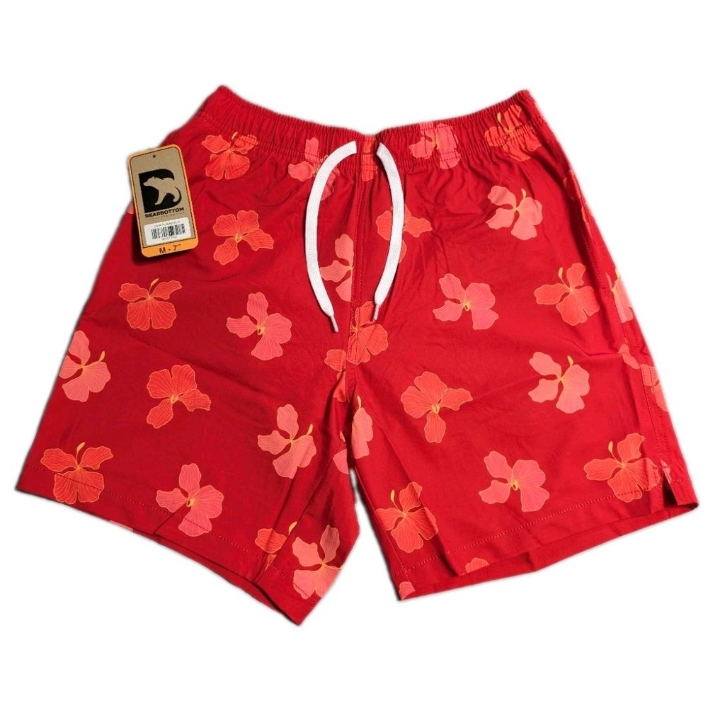 Bearbottom Swim Trunks Mens Medium 7" Red Hibiscus Floral Lined Drawstring NWT